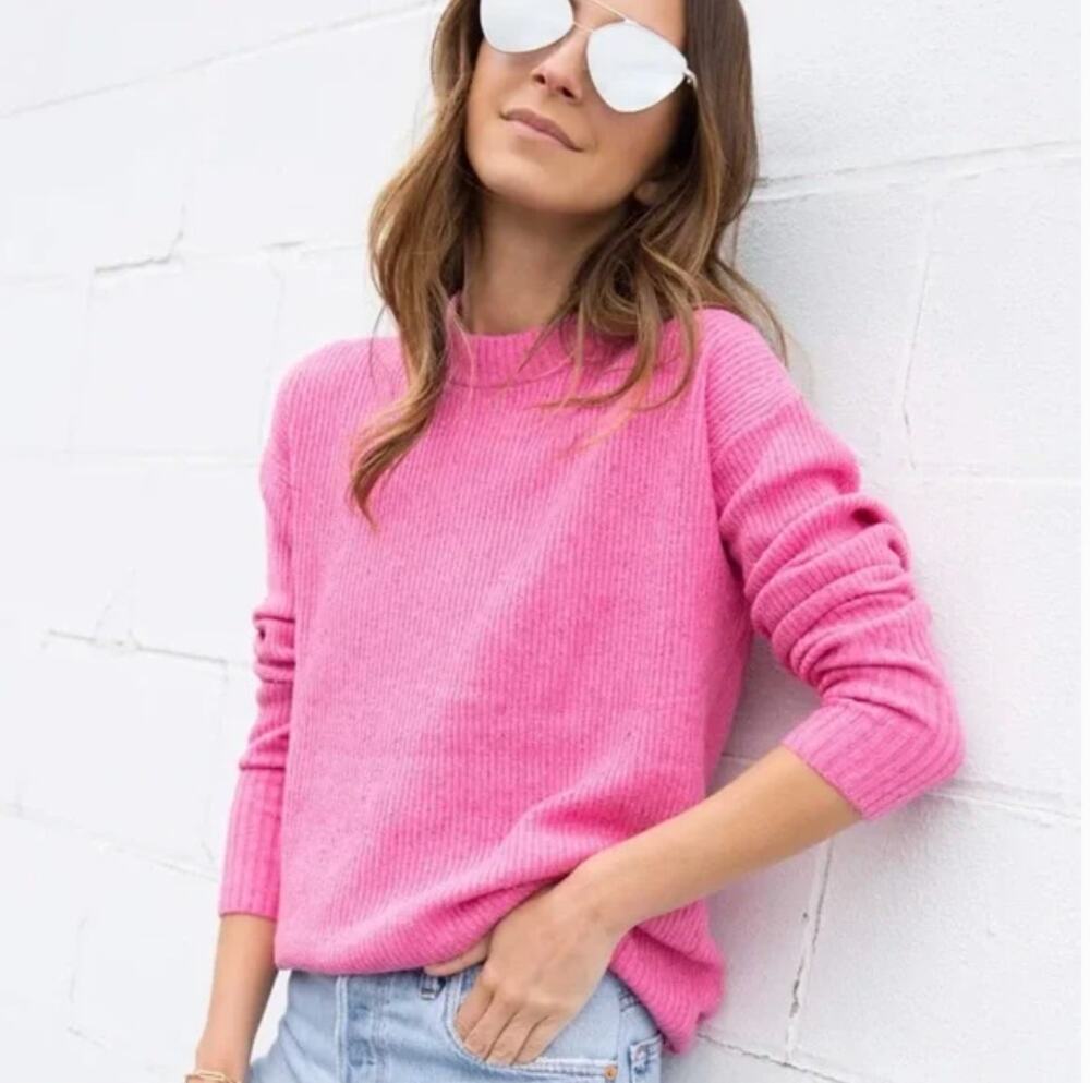 Something Navy Pink Flecked Longline Crewneck Sweater Wool Blend L Large